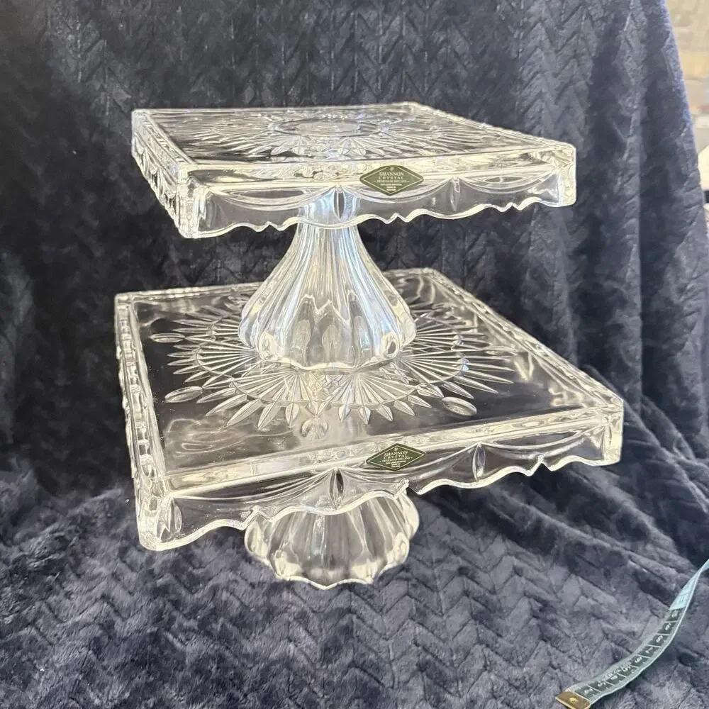 Set Of 2 Shannon Godinger Lead Crystal 8 in & 10 in Square Pedestal Cake Stand